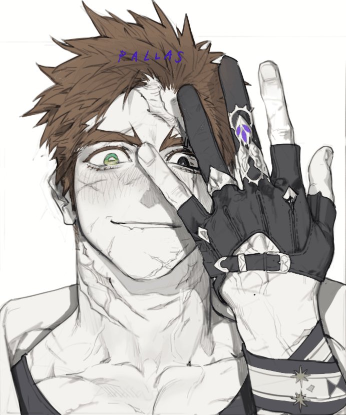 1boy black_eyes brown_hair gloves green_eyes hand_over_face hand_up heterochromia looking_at_viewer male_focus original partially_fingerless_gloves pigeon666 portrait scar scar_across_eye scar_on_neck short_hair smile solo veins