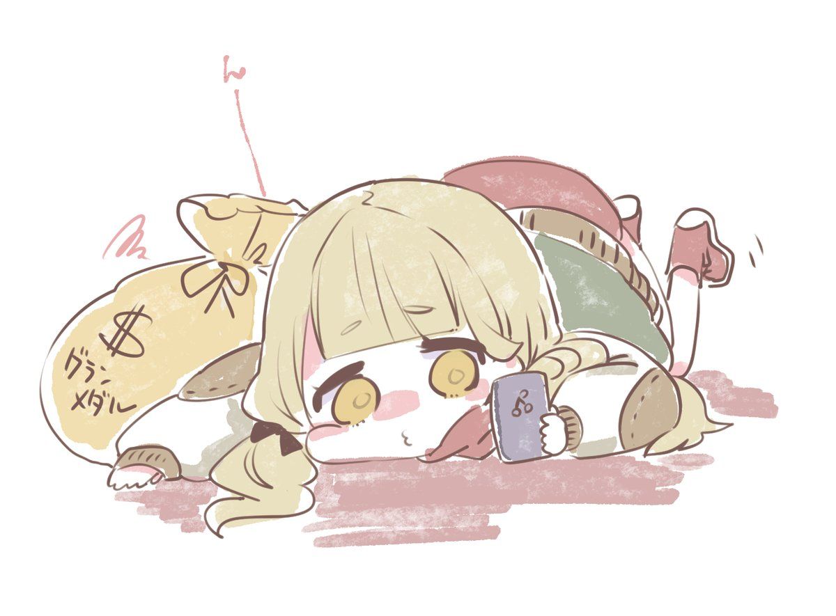 1girl artist_request bangs blonde_hair cellphone full_body hair_between_eyes holding holding_phone jacket legs_up letterman_jacket little_red_riding_hood_(sinoalice) long_hair looking_at_phone lying moneybag on_stomach phone pouty_lips reality_arc_(sinoalice) red_footwear simple_background sinoalice solo twintails white_background yellow_eyes