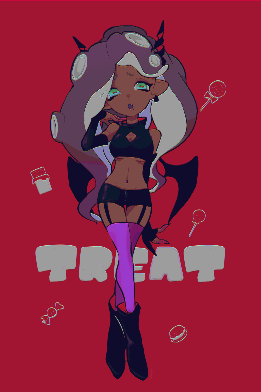 1girl background_text bat_wings black_footwear black_gloves black_shorts boots breasts cephalopod_eyes cleavage_cutout clothing_cutout crop_top crossed_legs dark-skinned_female dark_skin demon_horns earrings elbow_gloves english_text fake_horns fang fingerless_gloves full_body gloves green_eyes grey_hair halloween_costume hand_in_hair horns imaikuy0 jewelry long_hair looking_at_viewer marina_(splatoon) medium_breasts midriff navel_piercing open_mouth piercing pointy_ears purple_legwear red_background red_horns shirt short_shorts shorts sleeveless sleeveless_shirt solo splatoon_(series) splatoon_2 standing suction_cups thigh-highs thigh_gap very_long_hair wings