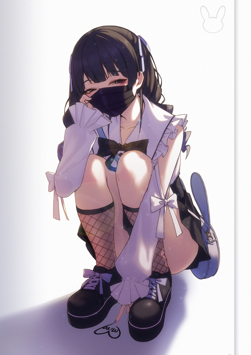 1girl animal_bag black_footwear black_hair black_skirt bow bowtie bunny_bag commentary_request convenient_arm diestren fishnet_legwear fishnets frilled_sleeves frills full_body hand_on_own_face heart highres long_hair looking_at_viewer mask mouth_mask nijisanji ribbon shadow shoes skirt solo squatting tsukino_mito violet_eyes virtual_youtuber