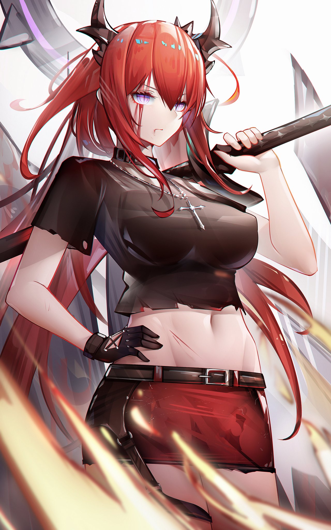 1girl arknights binggong_asylum breasts commentary_request cowboy_shot crop_top groin highres horns long_hair medium_breasts midriff miniskirt navel official_alternate_costume red_skirt redhead simple_background skirt solo standing stomach surtr_(arknights) surtr_(liberte_echec)_(arknights) very_long_hair violet_eyes white_background