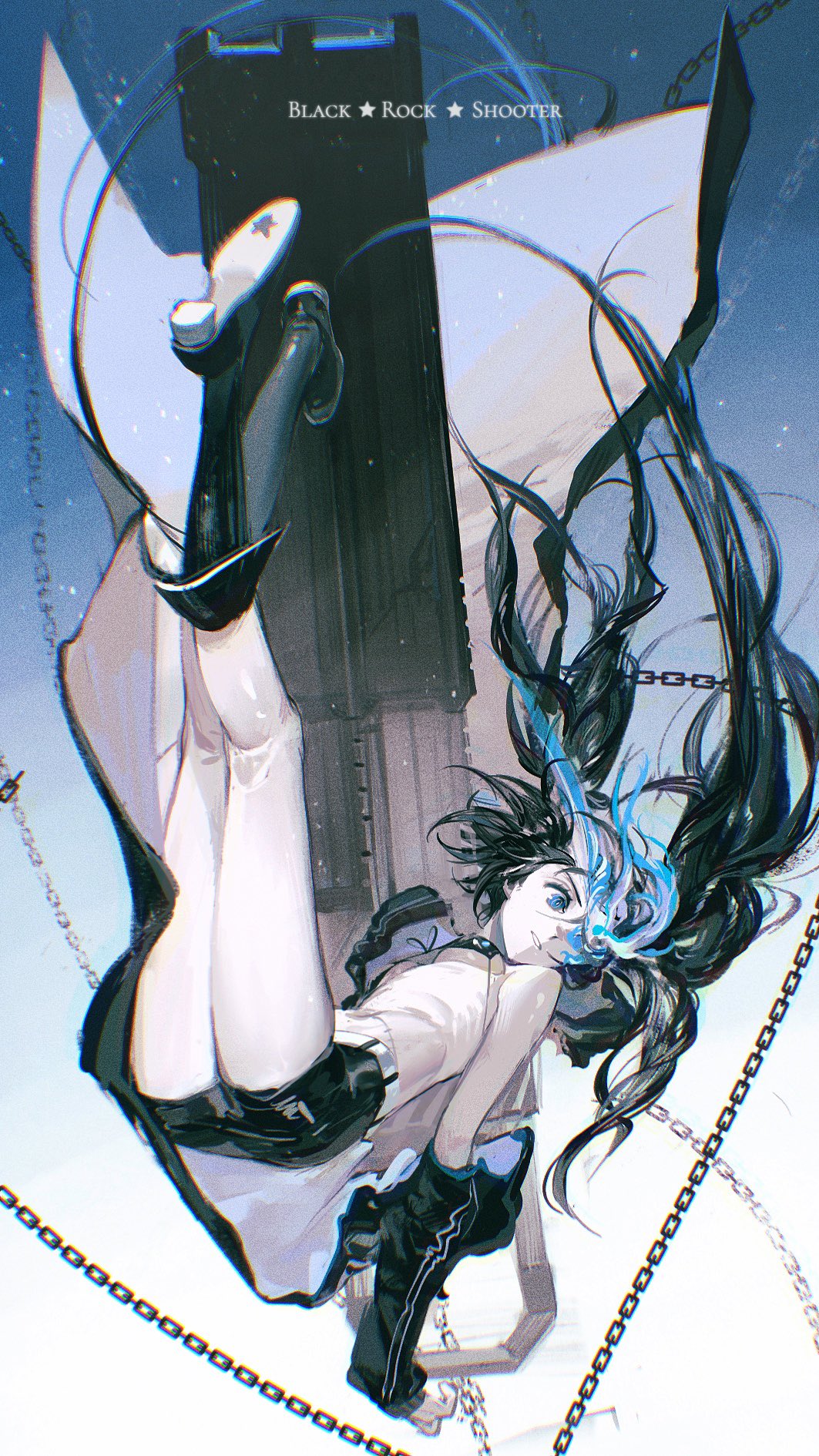 1girl belt bikini bikini_top black_bikini black_hair black_jacket black_rock_shooter black_rock_shooter_(character) black_shorts blue_eyes blue_fire breasts building chain character_name copyright_name falling fire floating_hair highres jacket long_hair looking_down off_shoulder pale_skin rumoon shorts small_breasts solo swimsuit twintails uneven_twintails white_belt
