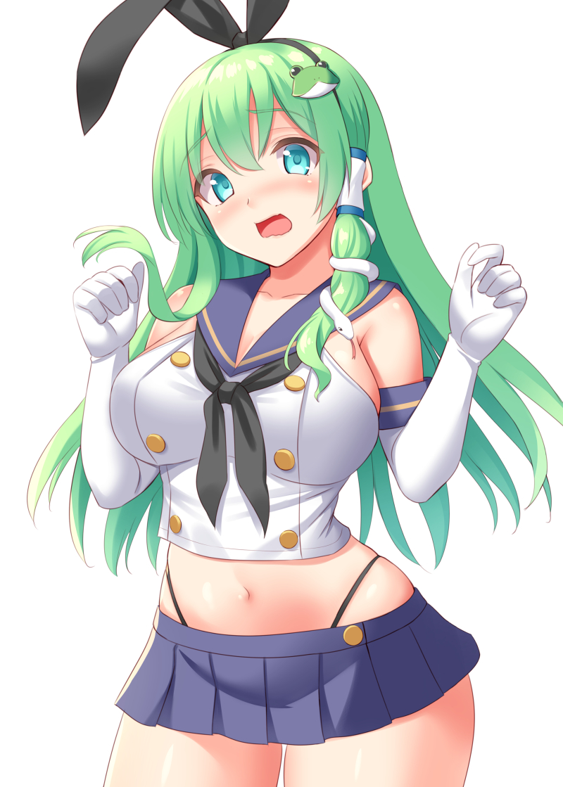 1girl aqua_eyes black_hairband blue_skirt breasts cosplay elbow_gloves eyebrows_visible_through_hair frog_hair_ornament gloves green_hair hair_ornament hairband kantai_collection kochiya_sanae large_breasts long_hair looking_at_viewer navel open_mouth pleated_skirt shimakaze_(kancolle) shimakaze_(kancolle)_(cosplay) simple_background skirt snake_hair_ornament solo thigh-highs thighs tokyo_yamane touhou wavy_mouth white_background white_gloves