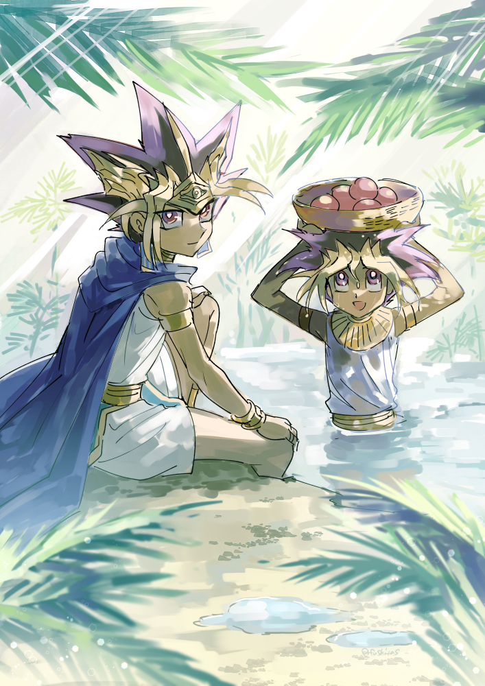 2boys armlet atem bangs basket blonde_hair cape closed_mouth commentary_request day egyptian food fruit fushitasu hand_on_own_knee holding jewelry looking_up male_focus multicolored_hair multiple_boys mutou_yuugi open_mouth outdoors purple_hair sitting smile spiky_hair water yu-gi-oh! yu-gi-oh!_duel_monsters