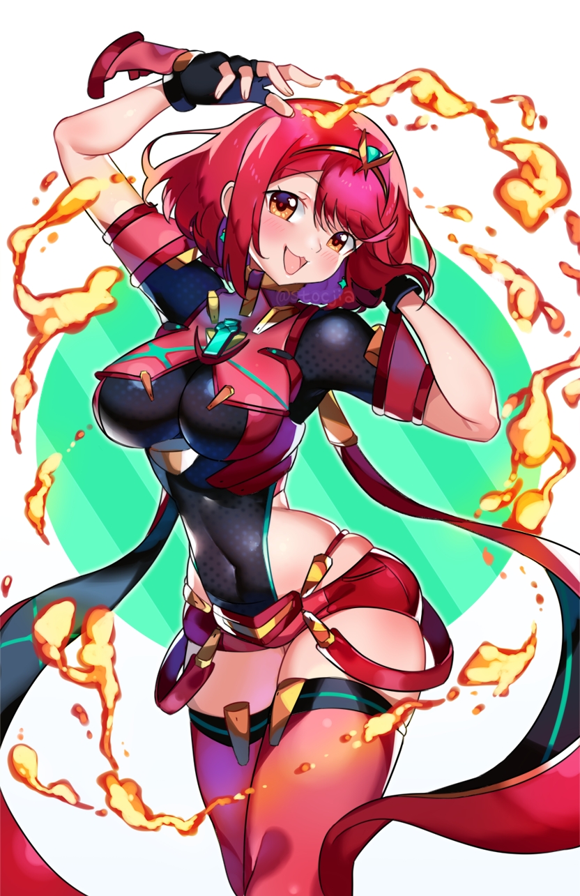 1girl bangs black_gloves breasts chest_jewel earrings fingerless_gloves gloves highres jewelry large_breasts pyra_(xenoblade) red_eyes red_legwear red_shorts redhead short_hair short_shorts shorts swept_bangs thigh-highs tiara xenoblade_chronicles_(series) xenoblade_chronicles_2 yagi_(kyuhyun)