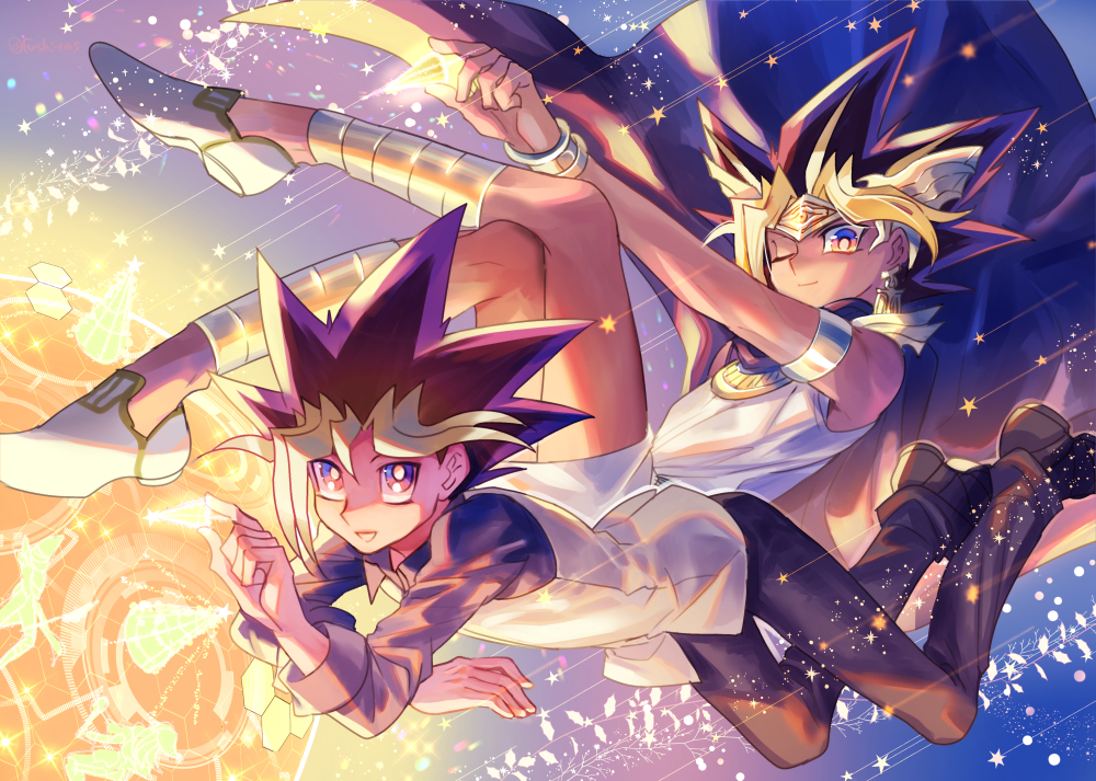 2boys armlet atem blonde_hair cape closed_mouth commentary_request earrings floating_cape fushitasu jewelry looking_at_viewer male_focus multicolored_hair multiple_boys mutou_yuugi one_eye_closed pants purple_hair shoes smile spiky_hair star_(symbol) vest white_footwear yu-gi-oh!