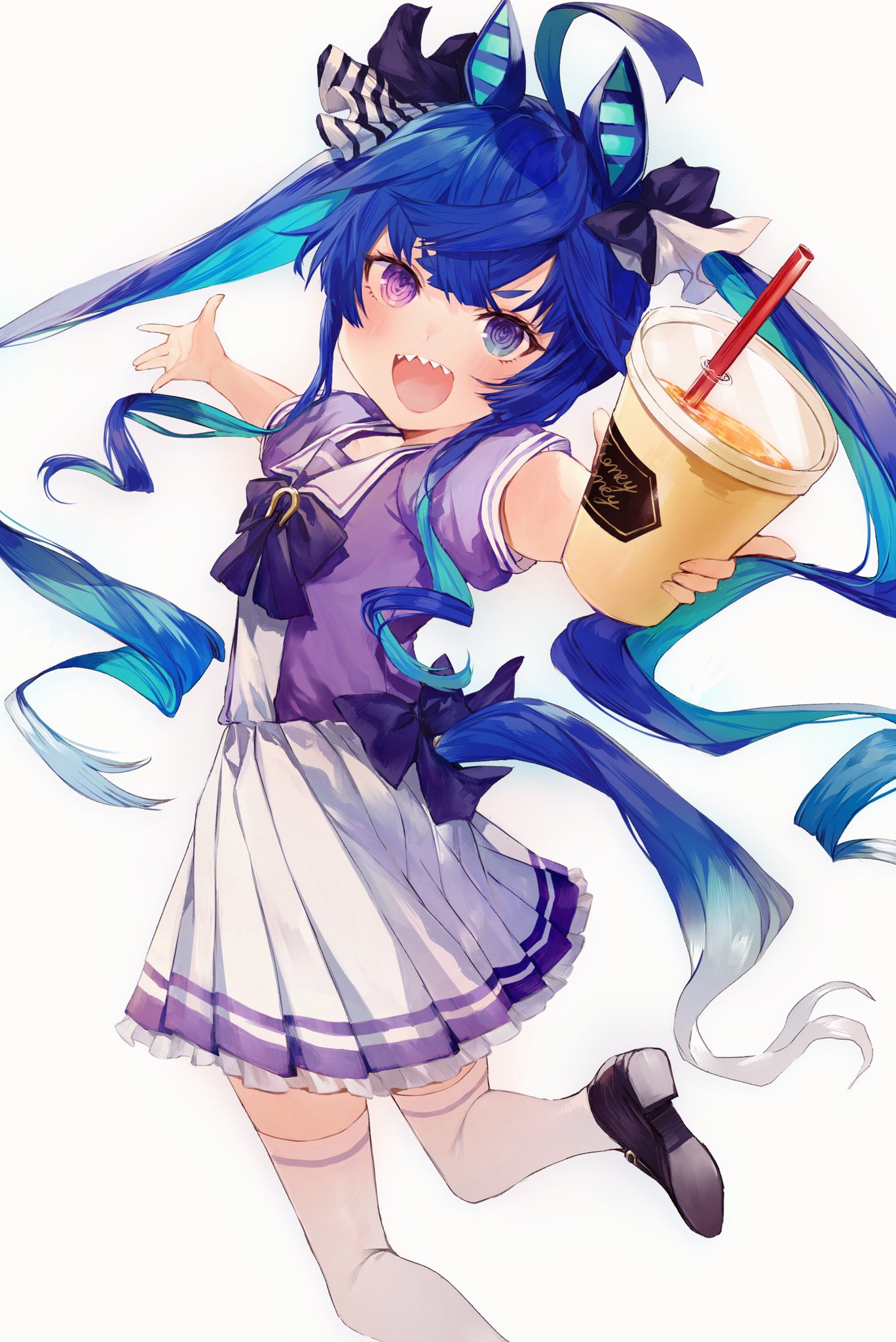 1girl :d ahoge animal_ears bangs black_bow black_footwear blue_eyes blush bow commentary_request cup disposable_cup drinking_straw ear_covers hair_ribbon heterochromia highres holding holding_cup horse_ears horse_girl horse_tail long_hair looking_at_viewer open_mouth pleated_skirt purple_shirt ribbon school_uniform sharp_teeth shirt shoes sirentab skirt smile solo standing standing_on_one_leg tail teeth thigh-highs tracen_school_uniform twin_turbo_(umamusume) twintails umamusume very_long_hair violet_eyes white_background white_legwear white_skirt