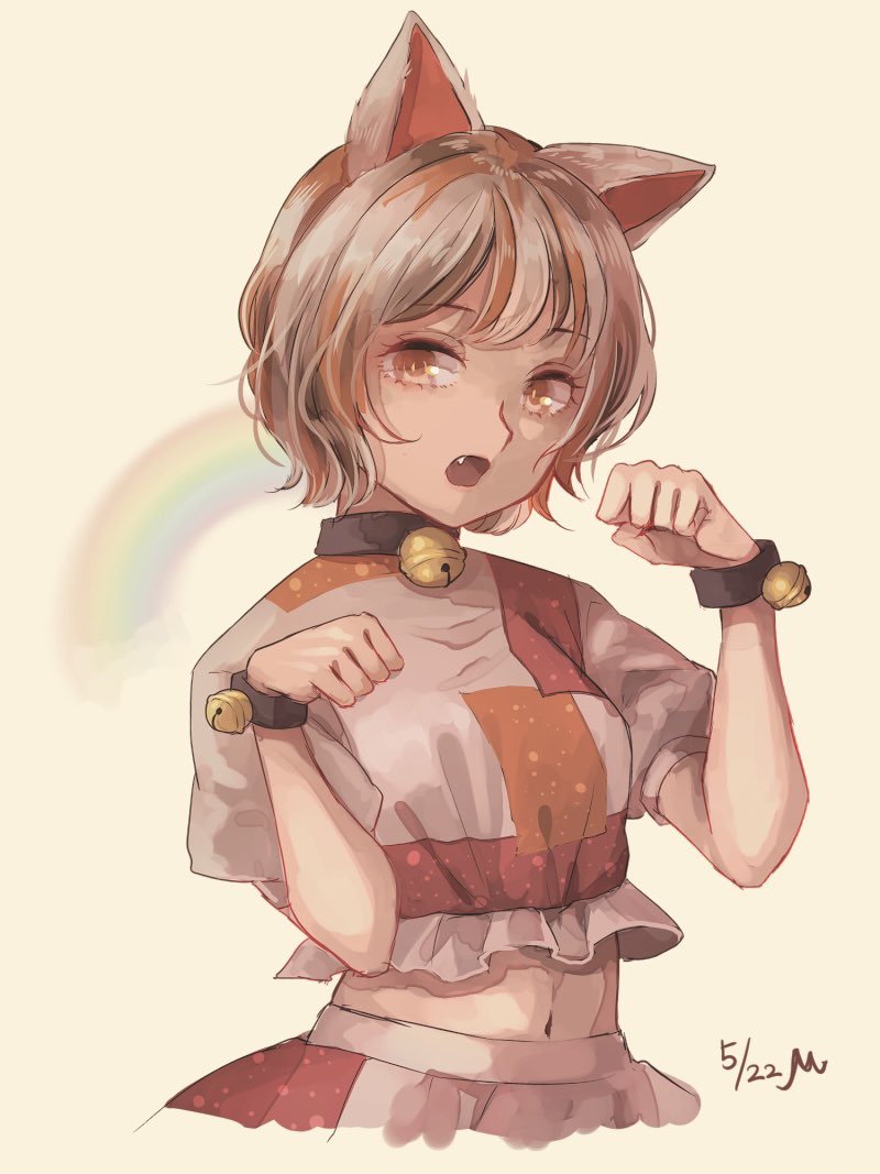 1girl animal_ears bell bracelet breasts brown_eyes cat_ears collar cowboy_shot cropped_torso fang goutokuji_mike grey_background jewelry jingle_bell looking_at_viewer m_(neteitai10) medium_breasts midriff multicolored_hair navel open_mouth paw_pose rainbow short_hair silver_hair simple_background solo streaked_hair touhou