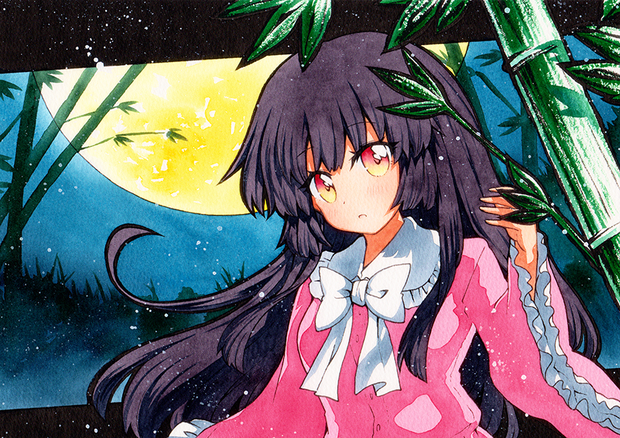 1girl bamboo bangs black_border black_hair blouse blue_background border bow eyebrows_visible_through_hair eyes_visible_through_hair hair_between_eyes hand_up houraisan_kaguya long_hair long_sleeves looking_at_viewer moon multicolored multicolored_eyes no_headwear open_mouth pink_blouse pink_sleeves qqqrinkappp red_eyes solo touhou traditional_media white_bow white_neckwear yellow_eyes yellow_moon