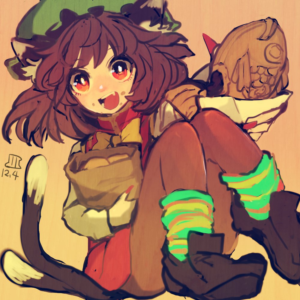 1girl :d animal_ear_fluff animal_ears bow bowtie brown_background brown_hair brown_legwear cat_ears cat_tail chen dress fish food food_on_face gold_trim hat jewelry knees_together_feet_apart knees_up looking_at_viewer maaru_(akira428) mob_cap multiple_tails nekomata open_mouth pantyhose red_dress red_eyes short_hair simple_background single_earring smile solo tail touhou two_tails yellow_neckwear