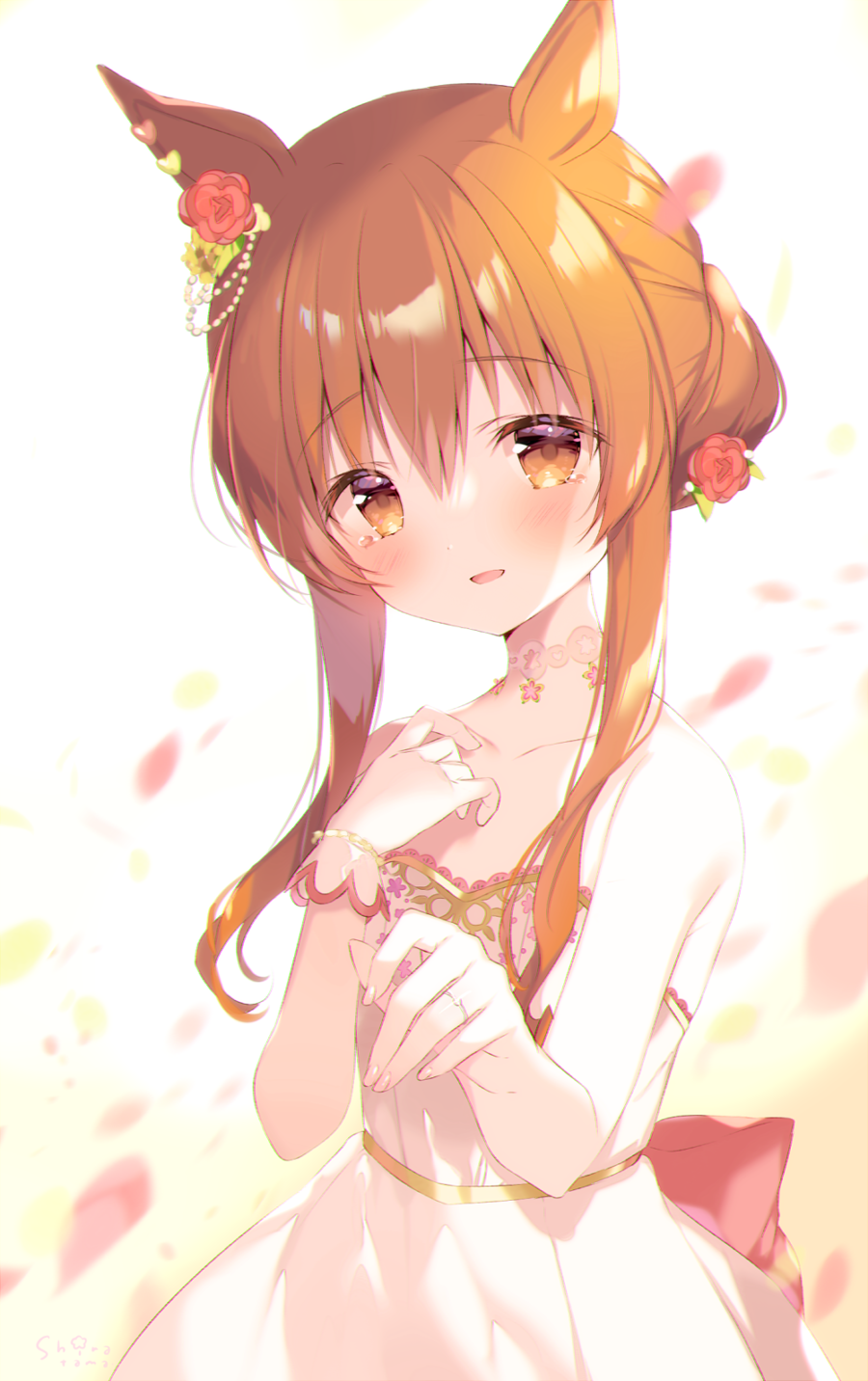 1girl animal_ears bangs bare_shoulders blush bow brown_eyes brown_hair collarbone commentary_request dress eyebrows_visible_through_hair flower gloves hair_between_eyes hair_bun hair_flower hair_ornament highres horse_ears horse_girl jewelry long_hair looking_at_viewer mayano_top_gun_(umamusume) orange_eyes orange_hair parted_lips petals red_bow red_flower ring shiratama_(shiratamaco) sidelocks smile solo strapless strapless_dress tears umamusume upper_body wedding_band white_dress white_gloves