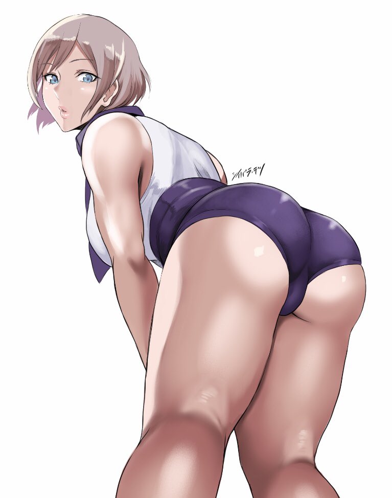 1girl ass bent_over blue_eyes breasts cropped_legs eyebrows_visible_through_hair from_behind gridman_universe hair_behind_ear large_breasts looking_at_viewer looking_back mujina puckered_lips purple_corset purple_scarf purple_shorts scarf shibusun shirt_tucked_in short_hair shorts silver_hair solo ssss.dynazenon white_background