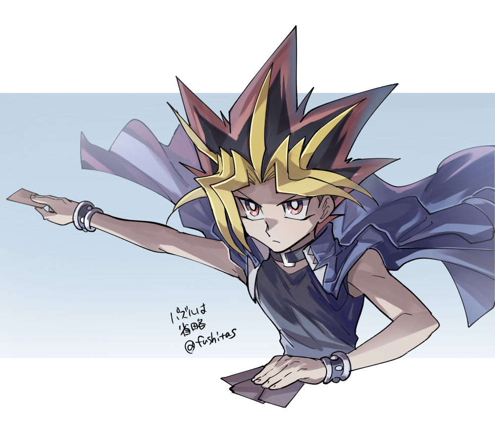 1boy black_hair black_shirt blonde_hair bracelet bright_pupils card closed_mouth commentary_request fushitasu holding holding_card jacket jacket_on_shoulders jewelry male_focus outstretched_arm red_eyes redhead shirt solo spiky_hair translation_request white_pupils yami_yuugi yu-gi-oh!