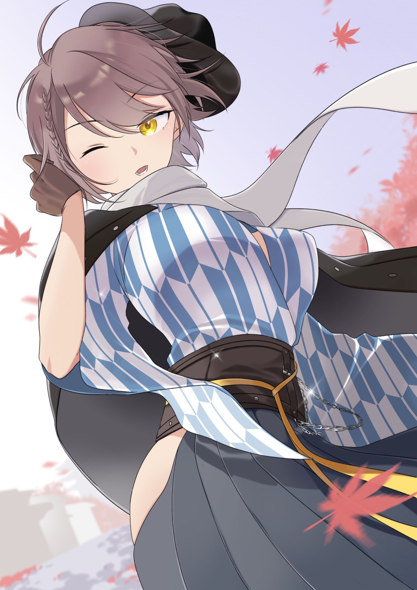 1girl autumn_leaves azur_lane baltimore_(ace's_travel_journal)_(azur_lane) baltimore_(azur_lane) black_headwear black_skirt braid breasts brown_gloves brown_hair eyebrows_visible_through_hair fedora from_below gloves half_gloves hat high-waist_skirt highres holding holding_clothes holding_hat large_breasts leaf long_skirt maple_leaf meiji_schoolgirl_uniform official_alternate_costume one_eye_closed oxygen_mask_(oxygenmask233) scarf shiba_inu short_hair side_braid skirt solo white_scarf yagasuri yellow_eyes