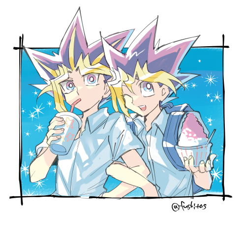 2boys ;d alternate_costume blonde_hair blue_eyes bright_pupils collared_shirt commentary_request cup disposable_cup drinking drinking_straw fushitasu holding lowres male_focus multiple_boys mutou_yuugi one_eye_closed open_mouth shirt short_sleeves smile sparkle spiky_hair tongue upper_teeth white_pupils yami_yuugi yu-gi-oh!