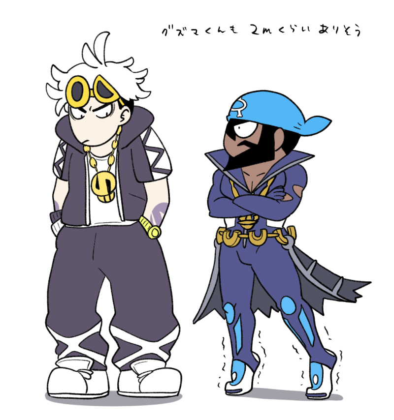 2boys anchor_necklace archie_(pokemon) arm_tattoo batabiru beard black_hair black_jacket black_pants blue_bandana closed_mouth commentary_request crossed_arms dark-skinned_female dark_skin eyewear_on_head facial_hair guzma_(pokemon) hands_in_pockets height_envy hood hooded_jacket jacket male_focus multicolored_hair multiple_boys pants pokemon pokemon_(game) pokemon_oras pokemon_sm shirt shoes short_sleeves sunglasses tattoo team_aqua team_skull tiptoes translation_request trembling two-tone_hair undercut wetsuit white_footwear white_hair white_shirt yellow-framed_eyewear