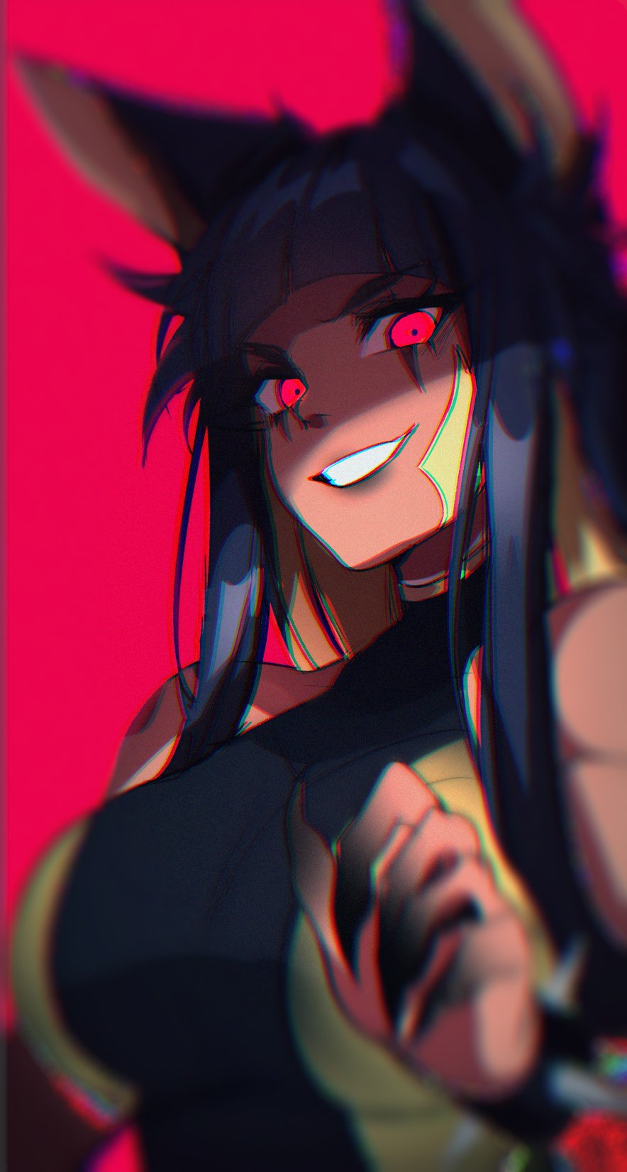 1girl animal_ears anput_(nsfwolf) bangs black_hair blonde_hair blunt_bangs blunt_ends blurry blurry_background breasts claws colored_inner_hair constricted_pupils dark-skinned_female dark_skin halterneck highres jackal_ears large_breasts long_hair looking_at_viewer multicolored_hair nsfwolf original rape_face red_background red_eyes scar scar_across_eye soft_focus solo two-tone_hair