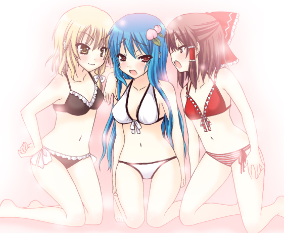 3girls bikini black_bikini blonde_hair blue_hair blush bow braid brown_eyes brown_hair closed_mouth cute frilled_bikini frills hair_bow hair_ribbon hakurei_reimu hinanawi_tenshi innocent_key kirisame_marisa long_hair navel open_mouth peach_hair_ornament red_bikini red_eyes ribbon sakichi_suzu smile striped_bikini_bottom team_shanghai_alice touhou upper_teeth white_bikini yellow_eyes you_gonna_get_raped