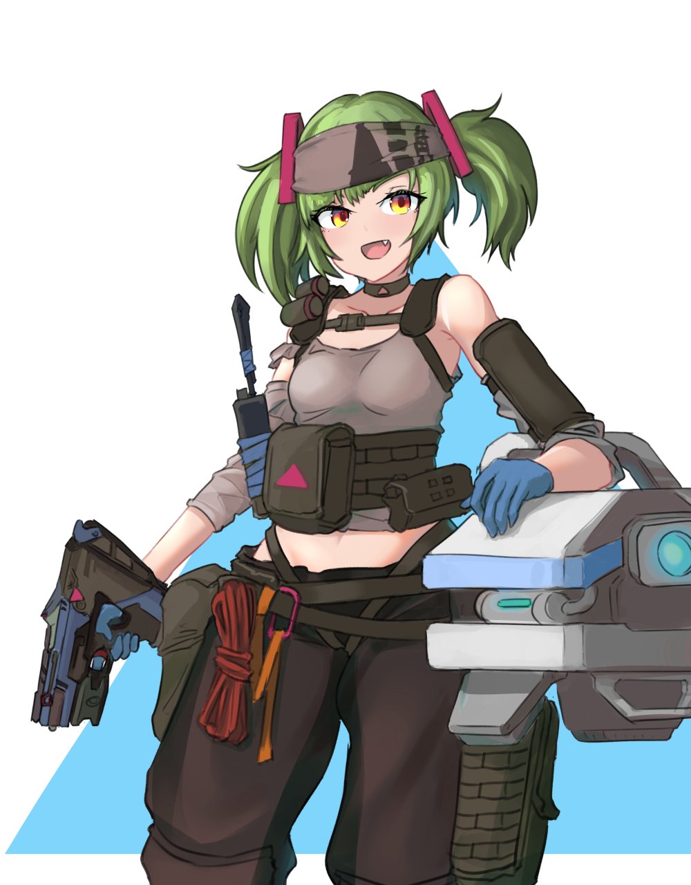 1girl alternator apex_legends bangs black_pants breasts brown_eyes brown_headband cosplay d.o.c._health_drone delruki delutaya detached_sleeves drone green_hair gun highres holding holding_gun holding_weapon lifeline_(apex_legends) lifeline_(apex_legends)_(cosplay) looking_at_viewer navel open_mouth pants sate science_fiction small_breasts smile solo submachine_gun tank_top twintails virtual_youtuber walkie-talkie weapon