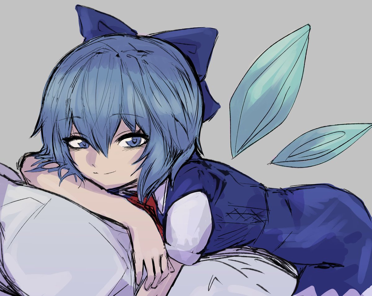 33_gaff blue_dress blue_eyes blue_hair blue_ribbon blue_wings cirno dress dress_shirt fairy grey_background hair_ribbon ice ice_wings pillow red_ribbon ribbon shirt short_hair simple_background touhou wings