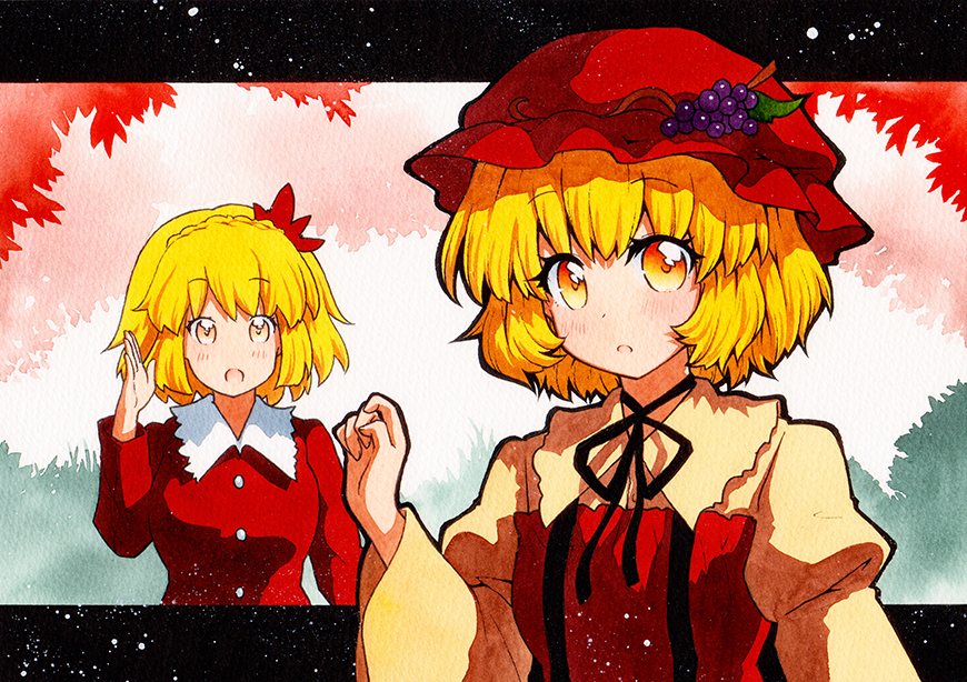 2girls aki_minoriko aki_shizuha autumn_leaves bangs black_border black_neckwear blonde_hair border dress eyebrows_visible_through_hair food fruit grapes green_background hand_up hat leaf leaf_on_head long_sleeves multiple_girls open_mouth qqqrinkappp red_background red_dress red_headwear red_sleeves short_hair touhou traditional_media white_background yellow_eyes yellow_sleeves