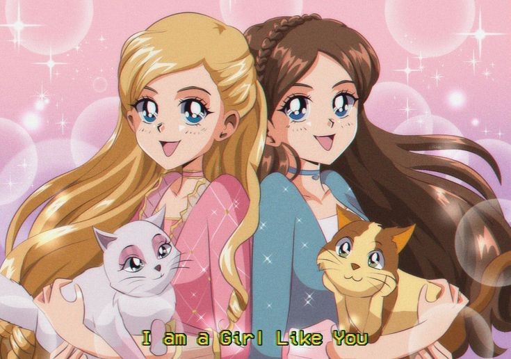 1990s_(style) 2girls animal anneliese_(barbie) back-to-back barbie_(character) barbie_(franchise) barbie_as_the_princess_and_the_pauper barbie_movies big_eyes blonde_hair blue_dress blue_eyes braid brenni_murasaki brown_hair caption cat choker dress erika_(barbie) holding holding_animal holding_cat jewelry long_hair multiple_girls necklace pink_dress princess_and_the_pauper retro_artstyle yuri