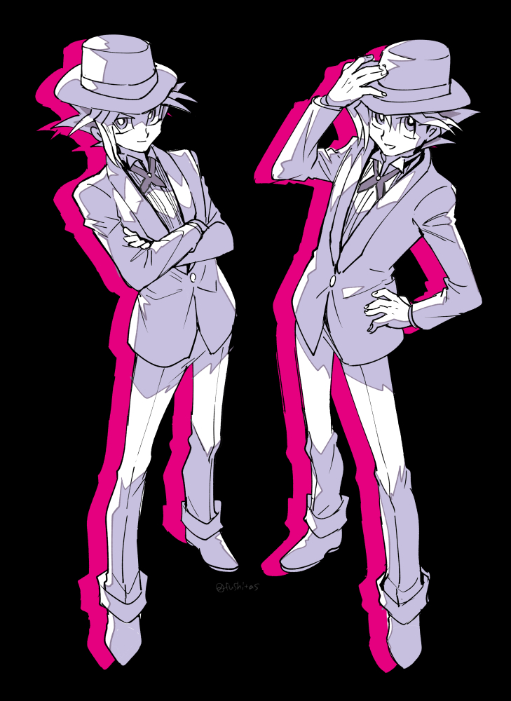 2boys alternate_costume black_background bright_pupils buttons closed_mouth commentary_request crossed_arms fushitasu hand_on_headwear hand_on_hip hat jacket long_sleeves looking_at_viewer male_focus multiple_boys mutou_yuugi pants shoes smile standing yami_yuugi yu-gi-oh!