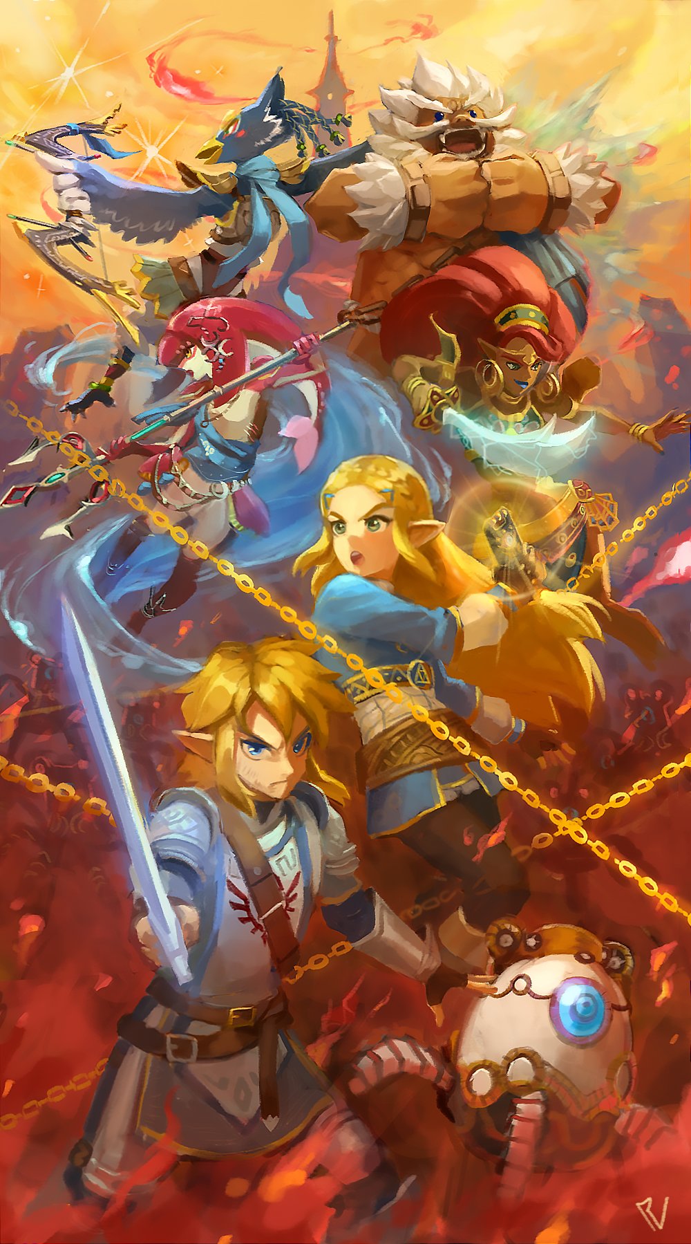 facial_mark forehead_mark forehead_tattoo gerudo goron highres hyrule_warriors hyrule_warriors:_age_of_calamity link master_sword mipha princess_zelda revali rito rv_(gvdn7245) rvkingu sheikah_slate simple_background soldier's_set_(zelda) terrako the_legend_of_zelda the_legend_of_zelda:_breath_of_the_wild urbosa weapon zora