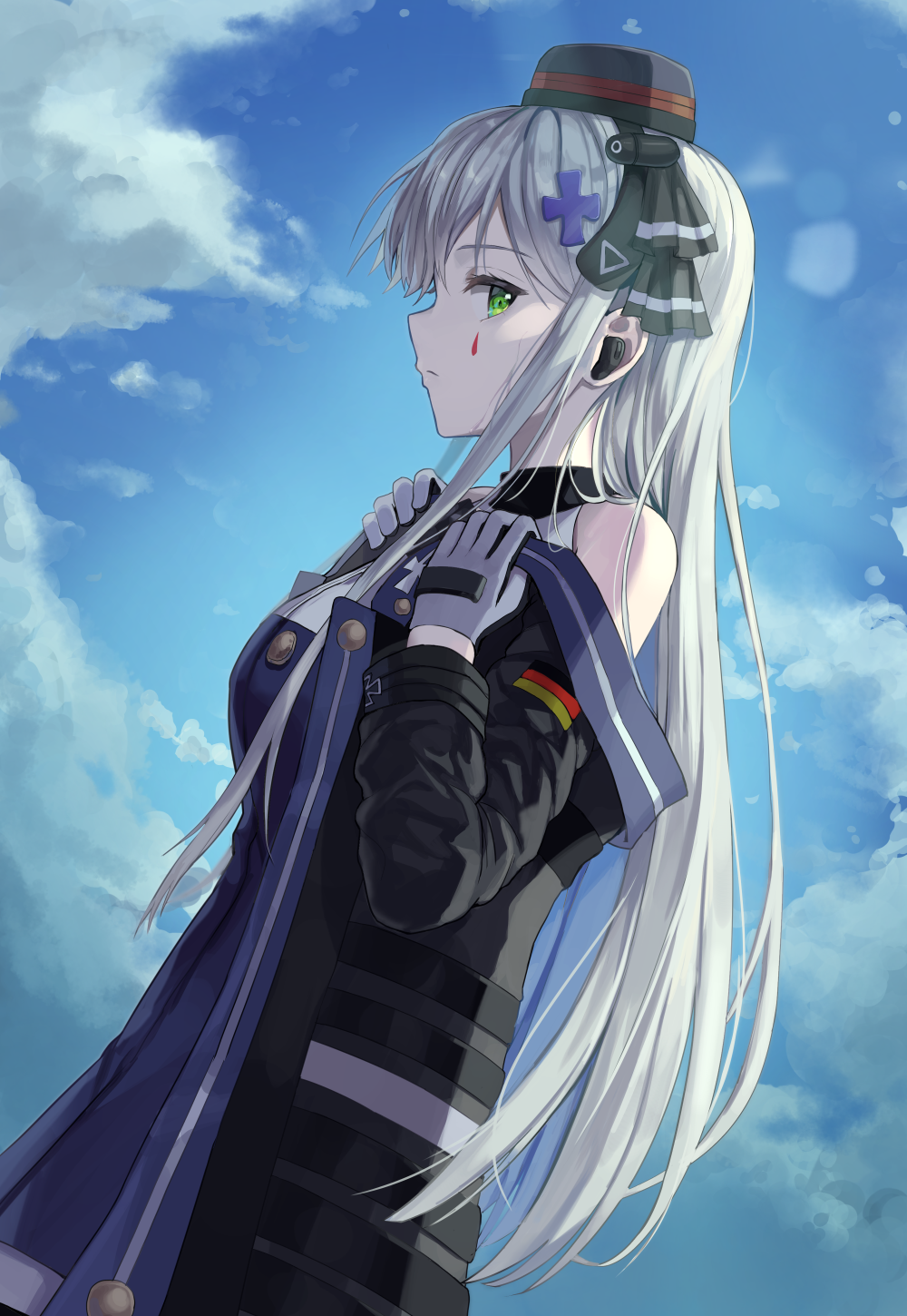 1girl bare_shoulders breasts clouds commentary earpiece facial_mark from_side german_flag girls_frontline gloves green_eyes hair_ornament hairband hat highres hk416_(girls_frontline) jacket kiou large_breasts long_hair mod3_(girls_frontline) profile sidelocks silver_hair sky solo upper_body