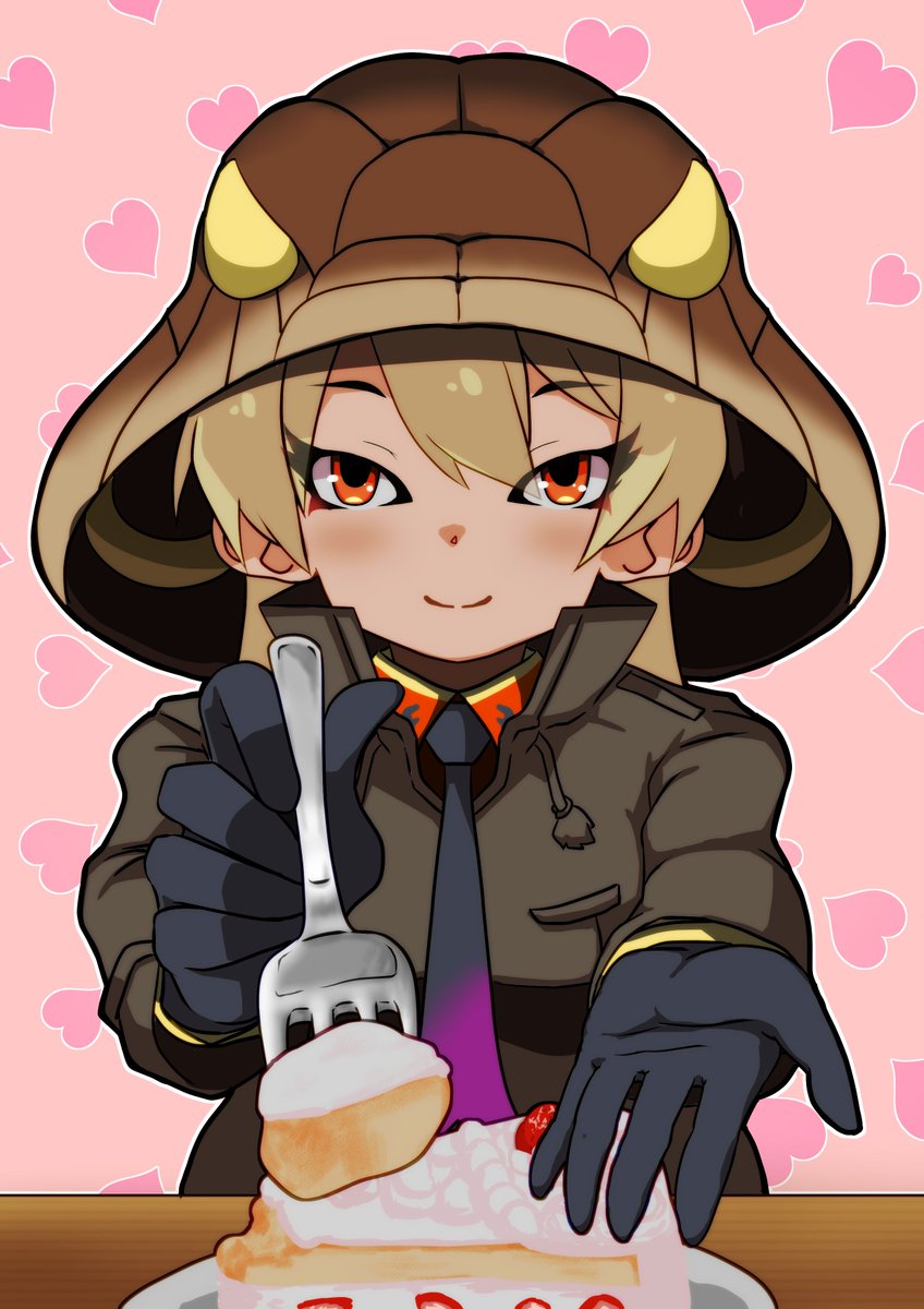 1girl black_gloves blonde_hair breast_pocket brown_jacket cake closed_mouth collared_jacket detached_hood drawstring feeding food foreshortening fork fruit gloves hair_between_eyes heart heart_background high_collar highres holding holding_fork hood hood_up hurisian incoming_food jacket kemono_friends king_cobra_(kemono_friends) long_hair long_sleeves necktie orange_eyes outstretched_arms outstretched_hand plate pocket smile solo strawberry tan