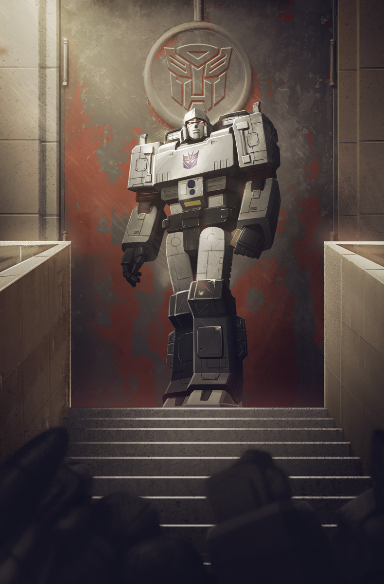 clenched_hand comic_cover cover_image decepticon english_commentary highres joana_lafuente looking_up mecha megatron_(idw) official_art open_hand red_eyes robot solo_focus stairs standing the_transformers_(idw) transformers