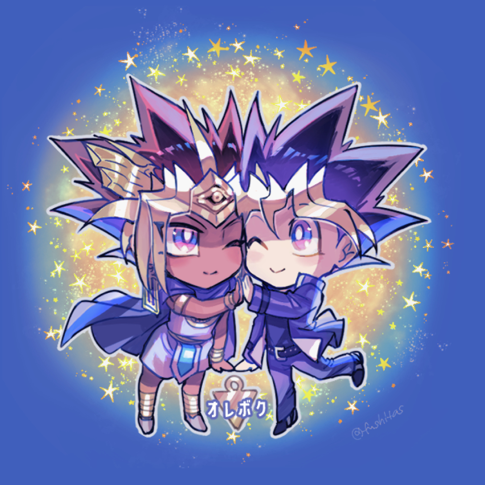 2boys ;) atem bracelet bright_pupils chibi closed_mouth commentary_request dark-skinned_male dark_skin eye_contact fushitasu grey_footwear holding_hand jewelry looking_at_another male_focus millennium_puzzle multiple_boys mutou_yuugi one_eye_closed shoes smile spiky_hair star_(symbol) white_pupils yu-gi-oh!