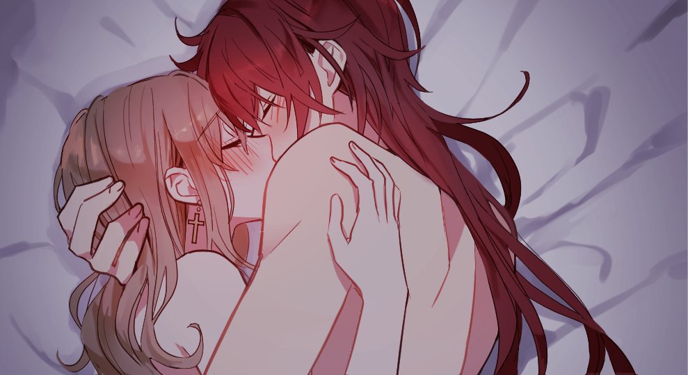 1boy 1girl bangs bare_arms bare_back bare_shoulders bed_sheet blonde_hair blush closed_eyes commentary cross cross_earrings diluc_ragnvindr earrings from_above genshin_impact hand_on_another's_head hug jean_gunnhildr jewelry kiss long_hair lying nude on_bed redhead rome_romedo sidelocks symbol_commentary