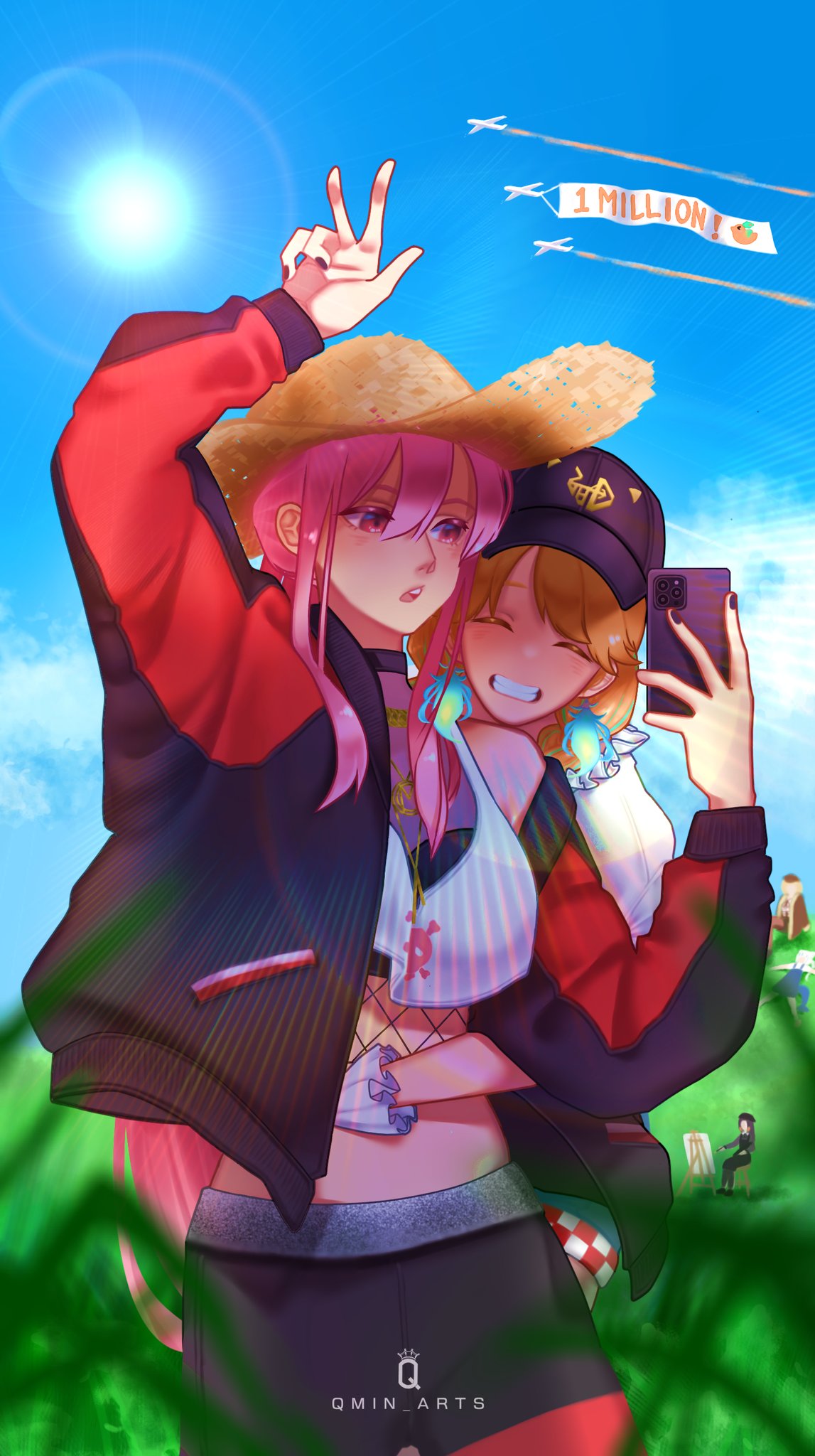 2girls baseball_cap black_nails blush cellphone cellphone_strap closed_eyes couple crop_top earrings feather_earrings feathers gawr_gura gradient_hair happy hat highres holding holding_phone hololive hololive_english hug hug_from_behind jacket jewelry long_hair midriff mori_calliope multicolored_hair multiple_girls ninomae_ina'nis official_alternate_costume open_mouth orange_hair pants phone pink_hair qmin_arts red_eyes selfie smartphone smile straw_hat takanashi_kiara taking_picture teeth track_jacket track_pants virtual_youtuber watson_amelia yuri zipper