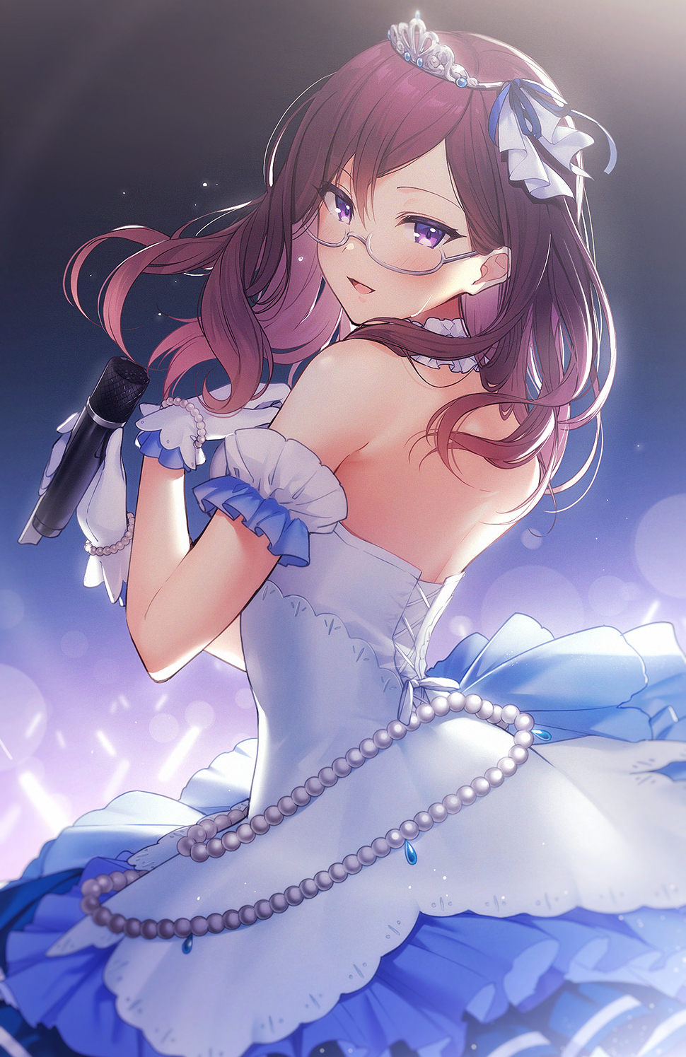 1girl bangs bare_shoulders bead_bracelet beads blue_dress blue_ribbon blush bracelet brown_hair commentary_request dress frilled_dress frills from_side glasses gloves hair_ornament hair_ribbon highres holding idolmaster idolmaster_cinderella_girls jewelry juugonichi_(wheeliex2) long_hair looking_at_viewer looking_back open_mouth ribbon semi-rimless_eyewear short_sleeves shoulder_blades smile solo starry_sky_bright_(idolmaster) tiara violet_eyes white_dress white_gloves yagami_makino