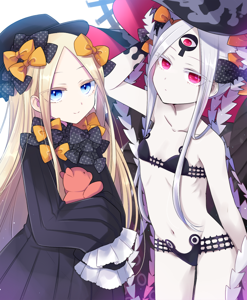 2girls abigail_williams_(fate) abigail_williams_(swimsuit_foreigner)_(fate) bangs bare_shoulders bikini black_bikini black_bow black_dress black_headwear blonde_hair blue_eyes bow breasts collarbone colored_skin double_bun dress dual_persona fate/grand_order fate_(series) forehead hair_bow hat keyhole long_hair long_sleeves looking_at_viewer mita_(matsuri68) multiple_bows multiple_girls navel orange_bow parted_bangs polka_dot polka_dot_bow red_eyes ribbed_dress sidelocks sleeves_past_fingers sleeves_past_wrists small_breasts smile stuffed_animal stuffed_toy swimsuit teddy_bear thighs third_eye very_long_hair white_hair white_skin