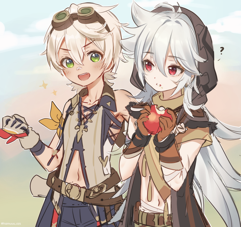 2boys ? ahoge apple armband bandaid bandaid_on_face bandaid_on_nose bangs belt bennett_(genshin_impact) blush clenched_hand collarbone collared_shirt commentary_request eyebrows_visible_through_hair food fruit genshin_impact gloves goggles goggles_on_head green_eyes grey_hair hair_between_eyes haruya_(lajoon) holding holding_food holding_fruit hood hood_up long_hair looking_at_another male_focus midriff multiple_boys navel open_mouth razor_(genshin_impact) red_eyes scar scar_on_arm scar_on_face shirt simple_background sleeveless smile sparkle tassel white_hair