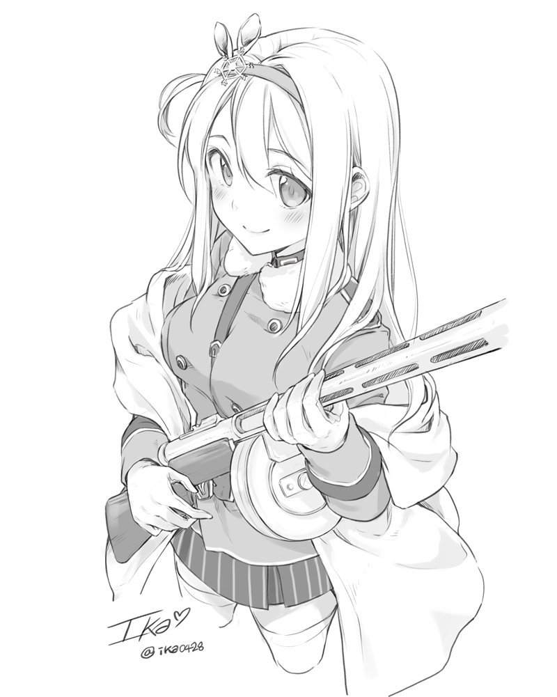 1girl bangs blush breasts commentary_request cowboy_shot fur_collar girls_frontline gloves greyscale gun hair_between_eyes hair_ornament hairband holding holding_gun holding_weapon ika_(4801055) long_hair medium_breasts monochrome off_shoulder sidelocks signature smile snowflake_hair_ornament solo submachine_gun suomi_kp/-31 suomi_kp31_(girls_frontline) thigh-highs twitter_username weapon