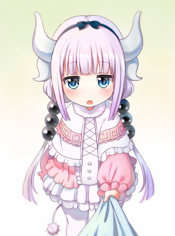 1girl bangs blue_eyes blush bow_hairband child commentary_request dragon_girl dragon_horns frills gradient gradient_background hairband horns kanna_kamui kobayashi-san_chi_no_maidragon looking_at_viewer open_mouth purple_hair simple_background solo tail thigh-highs tug yatomi