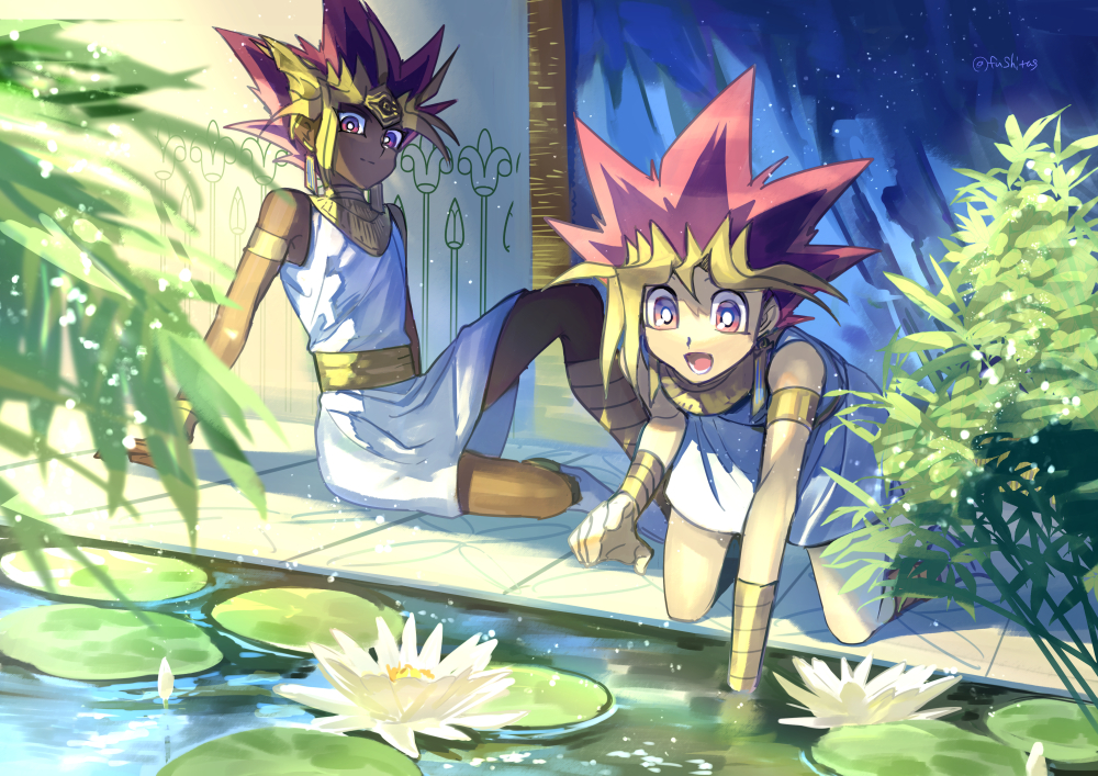 2boys :d all_fours arm_support armlet atem bangs bracelet bright_pupils closed_mouth commentary_request dark-skinned_male dark_skin day fushitasu hair_between_eyes jewelry lily_pad lower_teeth male_focus multiple_boys mutou_yuugi open_mouth outdoors purple_hair sitting smile spiky_hair tongue water white_pupils yu-gi-oh!