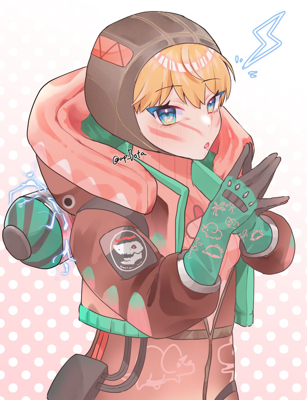 1girl :o apex_legends bangs blonde_hair blue_eyes bodysuit botan_sui breasts brown_headwear cable electricity gloves green_gloves hands_together highres hood hooded_jacket jacket lightning_bolt_symbol looking_at_viewer open_mouth pink_bodysuit red_bodysuit red_jacket ribbed_bodysuit small_breasts solo twitter_username upper_body wattson_(apex_legends)