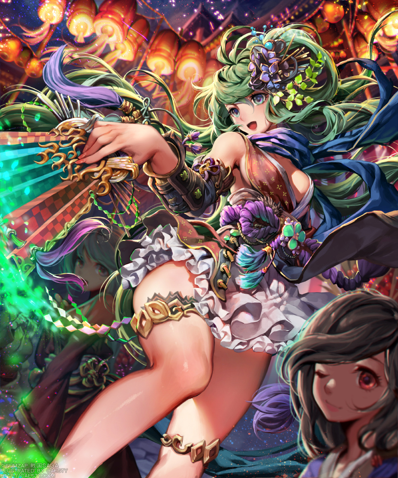 4girls :d aqua_eyes bare_shoulders breasts caesty character_request commentary_request dress flower frills green_hair hair_flower hair_ornament holding lantern long_hair looking_at_viewer medium_breasts multiple_girls official_art one_eye_closed open_mouth paper_lantern red_eyes scarf sengoku_saga sideboob smile thigh-highs wide_sleeves