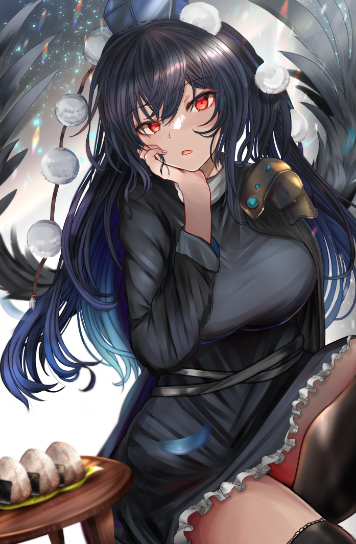 1girl bangs black_dress black_hair black_legwear black_sleeves blue_headwear breasts chromatic_aberration dress eyebrows_visible_through_hair eyes_visible_through_hair food grey_background hair_between_eyes hand_on_own_face hand_up hat houdukixx iizunamaru_megumu large_breasts long_hair long_sleeves looking_at_viewer onigiri open_mouth pom_pom_(clothes) red_eyes sitting solo sparkle sparkle_background sunlight table thigh-highs touhou white_background wings