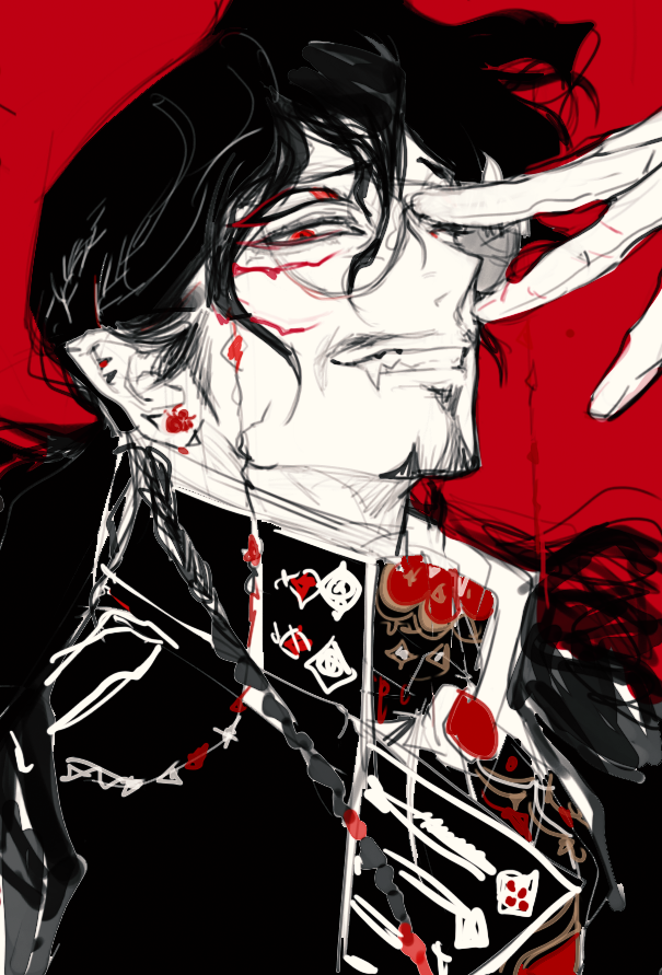 1boy beard black_hair coat extra_eyes facial_hair fangs gloves grin hand_on_own_face long_hair looking_at_viewer male_focus original pigeon666 pointy_ears portrait red_background red_eyes red_theme simple_background smile solo stalker_(pigeon666) vampire