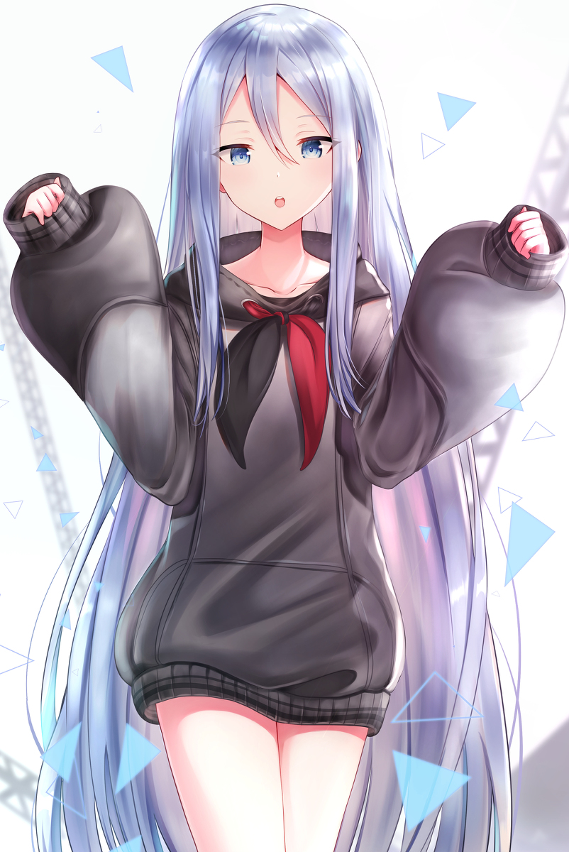 1girl black_sweater hair_between_eyes highres hood hoodie itogari long_hair long_sleeves looking looking_at_viewer open_mouth project_sekai silver_hair sleeve_cuffs solo sweater very_long_hair yoisaki_kanade