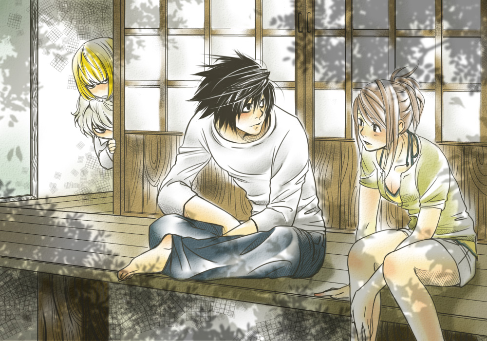 1girl 3boys barefoot black_hair blonde_hair breasts brown_hair cleavage commentary_request death_note frown hiding indian_style l_(death_note) mello multiple_boys near original ponytail short_shorts shorts silver_hair sitting sliding_doors tree_shade tylergenecom