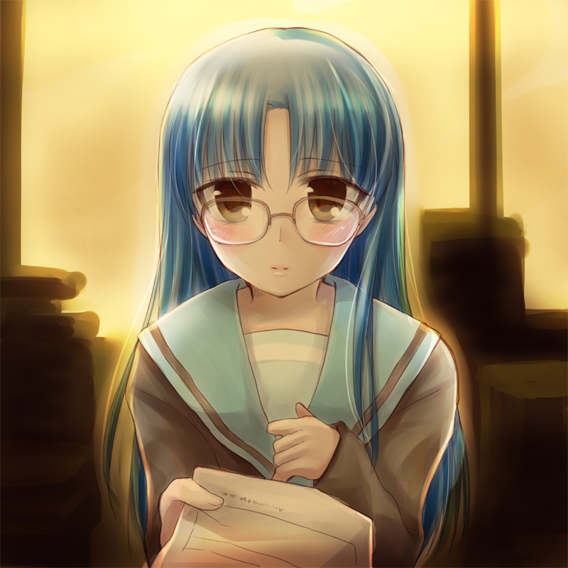 blue_hair blush book cosplay glasses idolmaster kisaragi_chihaya long_hair nagato_yuki nagato_yuki_(cosplay) nekota_nanami solo sunset suzumiya_haruhi_no_yuuutsu