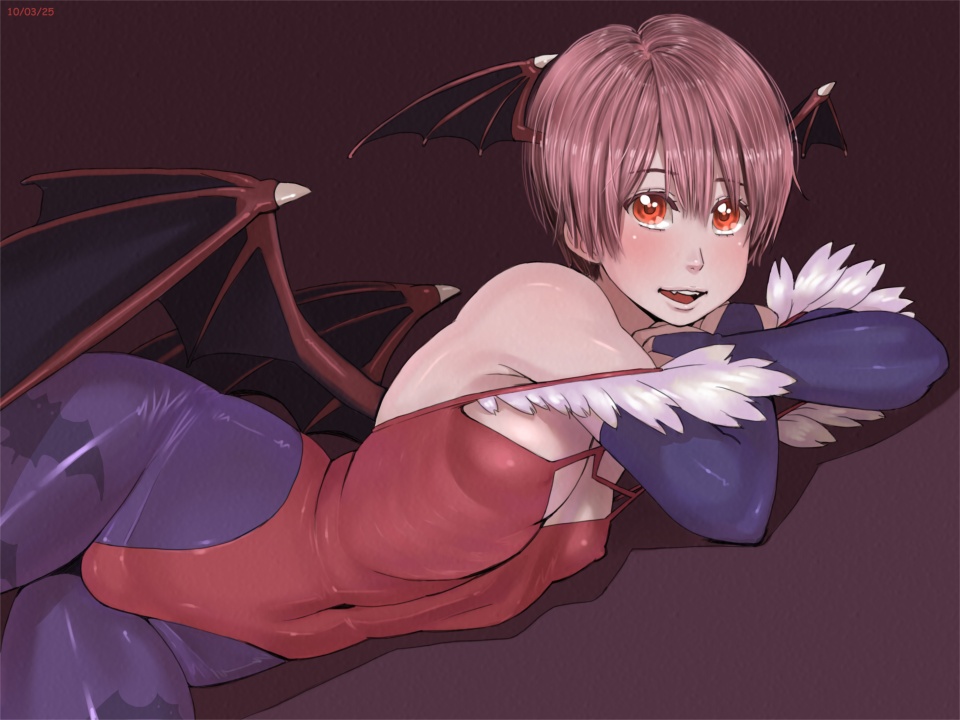 bat_wings blush breasts cleavage demon_girl elbow_gloves erect_nipples flat_chest gloves head_wings headwings lilith_aensland pantyhose purple_hair red_eyes ribs short_hair succubus vampire_(game) wings zenkou