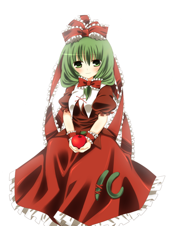 blush food fruit green_eyes green_hair holding holding_fruit kagiyama_hina pose ribbon sakura_yuduna smile touhou