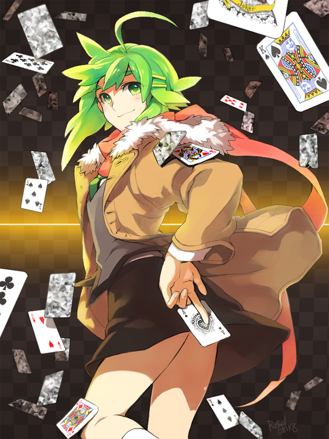 card falling_card green_eyes green_hair holding holding_card jacket looking_back necktie original playing_card playing_cards russel russel_(yumeriku) scarf skirt solo